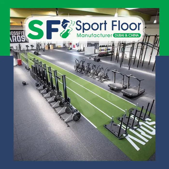 Speckled rubber tiles installed in a commercial gym